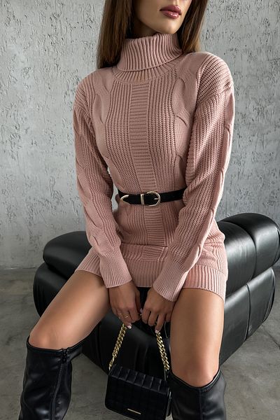 nosia fashion Μίνι πλεκτό φόρεμα σε σκόνη / τουνίκ με χοντρό πλεκτό σχέδιο και λεπτομέρεια γραμμής