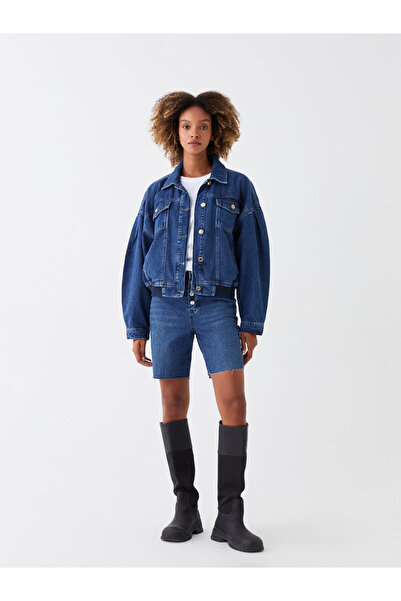 LC Waikiki Oversize Γυναικείο Τζιν Μπουφάν - Πουκάμισο γιακά, Μασίφ, Μακρύ μανίκι