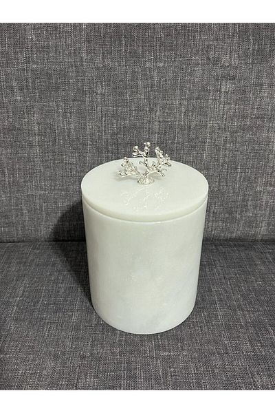 ATAY MERMER TASARIM White Marble Trash Can with Silver Coral Accessories
