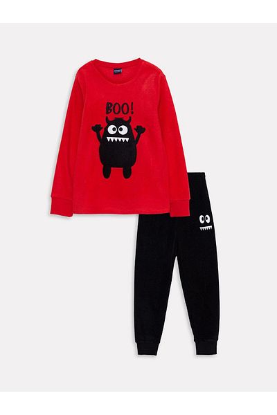 LC Waikiki LCW Kids Crew Neck Embroidered Long Sleeve Fleece Boy Pajamas Set