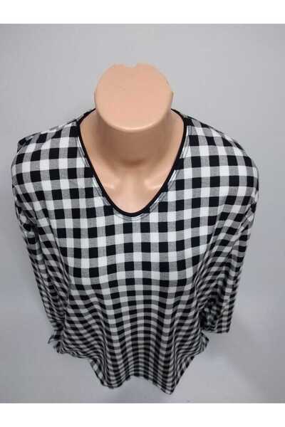 YAŞAR TRİKO Kadın Siyah Beyaz Desenli V Yaka Uzun Kollu Yanları Yırtmaçlı Mev...