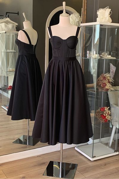 Lenta Moda Black Midi Length Satin Evening and Prom Dress