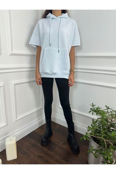 Içi Şardonlu Mavi Kapüşonlu Oversize Sweatshirt