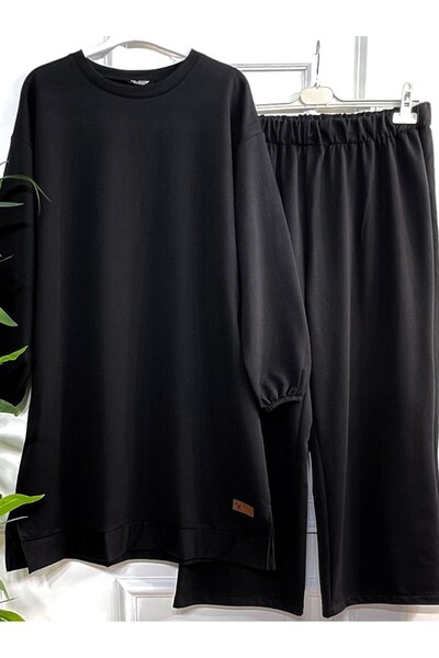 Aşkı Endam Bade Two Thread Combed Cotton Set with Crest Detail - Black