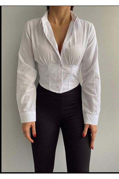 BE CHİC Cămașă Crop de damă albă cu corset cu spate elastic Gm2000