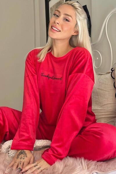 Pijamaevi Kırmızı Thankful Desenli Exclusive Kadife Kadın Pijama Takımı