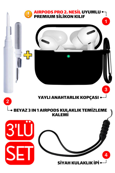 EWEC 3'lü Set Pro 2.Nesil Uyumlu Siyah Silikon Kılıf, Beyaz Kulaklık Temizlem...