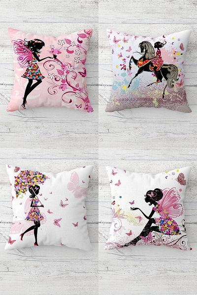 Pelangi Princess Fairy Butterfly Patterned Hidden Zippered Throw Pillow Cover Sofa Pillow Cover Set (4 PCS)