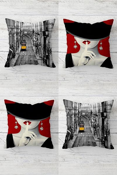 Pelangi Modern Women's Hidden Zippered Throw Pillow Cover with Tram and Hat Sofa Pillow Cover Set(4PCS)