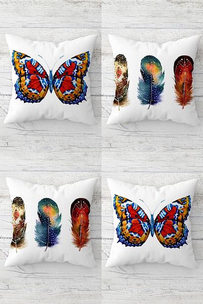 linazaitun Colorful Butterfly and Feather Concealed Zippered Throw Pillow Cover Seat Pillow Cover Set(4PCS)