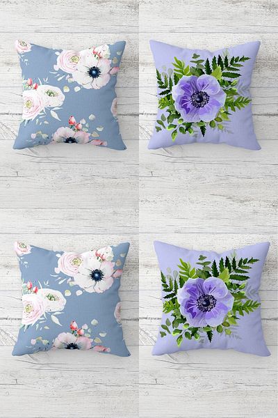 linazaitun Violet Floral Watercolor Concealed Zippered Throw Pillow Cover Sofa Pillow Case Set(4PCS)