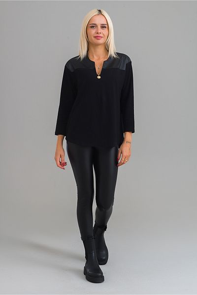 Bold & Young Women's Black Color Faux Leather Robe Cotton Lycra V-Neck Tunic