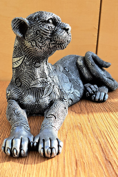 Euro Decora Dekoratif Leopar Heykeli Gümüş Desenli Polyester Biblo 32x13