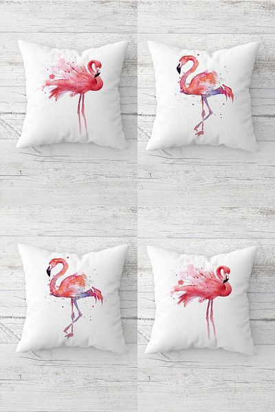 linazaitun Pink Flamingos Patterned Concealed Zippered Throw Pillow Cover Sofa Pillow Cover Set (4 PCS)