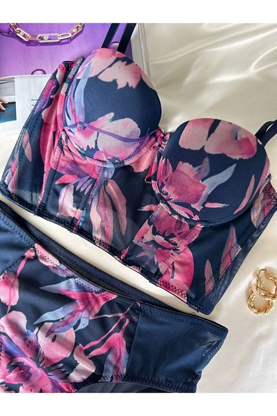 dem merys Floral Patterned Corset Padded Bra Set