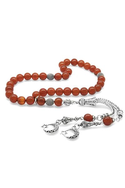 Tesbihane Non-Tarnish Metal Crescent Star Tasseled Globe Cut Red Agate Natural Stone Rosary