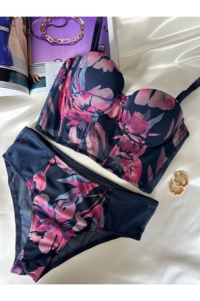 dem merys Floral Patterned Corset Padded Bra Set