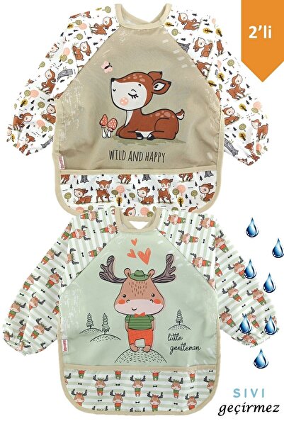 dubi baby Gazelle and Deer Pattern Baby Food Bib with Sleeves and Pockets