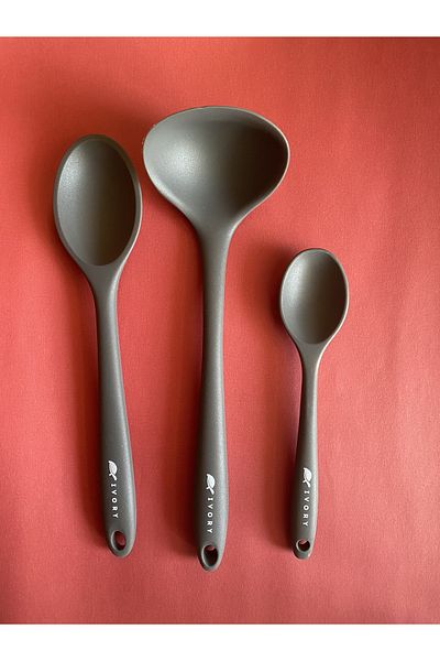 Multiamo Hard Tip Heat Resistant Fireproof Nonstick Silicone Spoon Set 3 Pieces 28cm/20cm Spoon 28cm Ladle