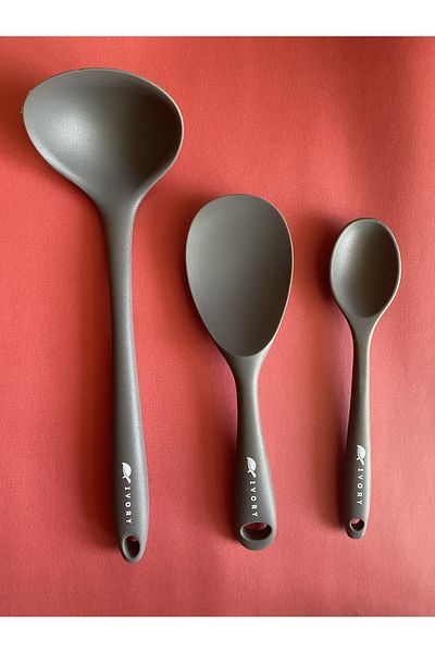 Multiamo Hard Tip Heat Resistant Fireproof Nonstick Silicone Spoon Set 3 Pieces 22cm/20cm Spoon 28cm Ladle