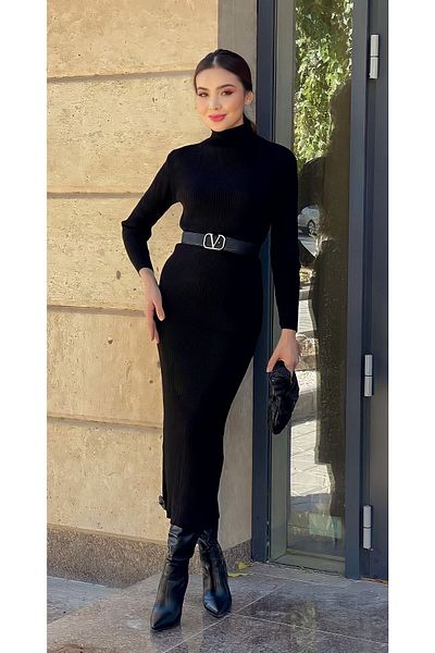 şems fashion Žebrované úpletové šaty s rolákem v maximální délce