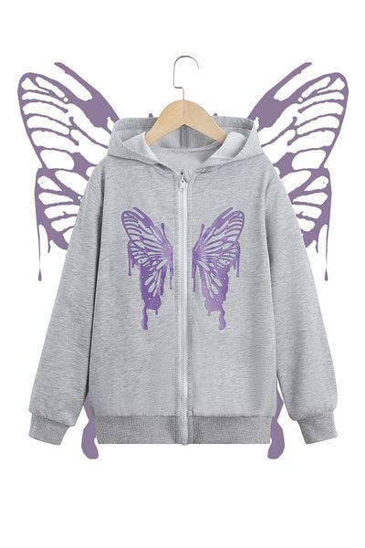 MORNİNG KİDS Girl's Hooded GRAY Purple Butterfly Front Printed Zipper Cardigan