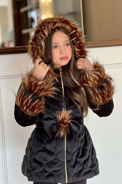 Riccotarz Girl's Black Velvet Coat with Lace Embroidered Collar, Hood and Fur Sleeve Ends