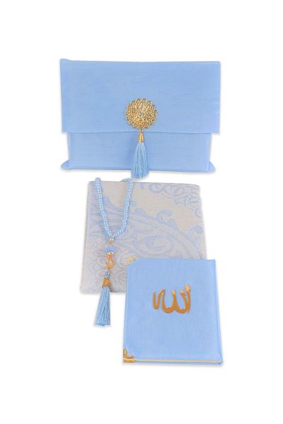 ikrahac Large Slub Bag Full Set (Cotton Prayer Rug + Yasin + Rosary) - BABY BLUE