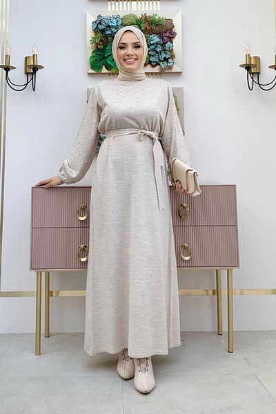 Bym Fashion Πέτρα Κέντημα Λεπτομέρεια Μανίκια Μανίκια Ελαστικό Πλεκτό Φόρεμα 23318 Πέτρα