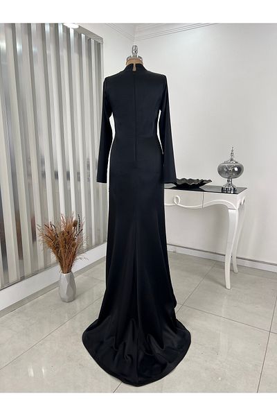 Rana Zenn Black Satin Fishnet Evening Dress - Sea Sconce Detailed