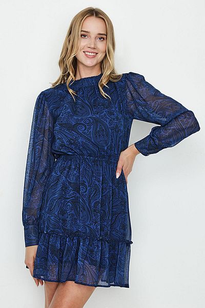 Select Moda Rochie de damă din șifon, cu guler ridicat, cu volane