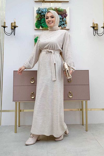 Bym Fashion Πέτρα Κέντημα Λεπτομέρεια Μανίκια Μανίκια Ελαστικό Πλεκτό Φόρεμα 23318 Πέτρα