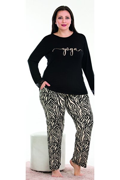 Jenny Daphne Set pijamale cu mâneci lungi cu modele colorate de marime mare 11370 negru