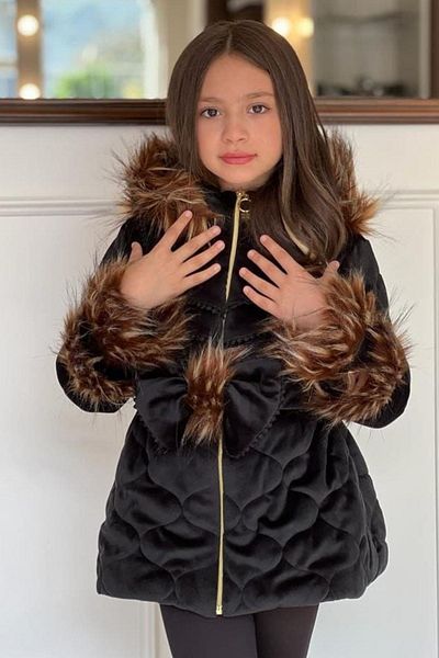 Riccotarz Girl's Black Velvet Coat with Lace Embroidered Collar, Hood and Fur Sleeve Ends