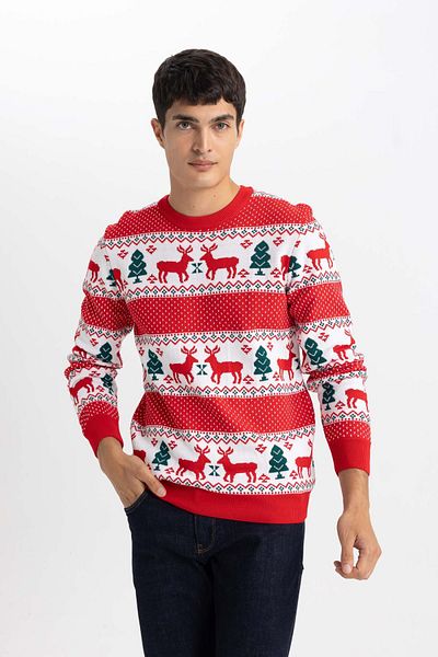 DeFacto New Year's Themed Standard Fit Regular Cut Patterned Crew Neck Knitwear Sweater B2361Ax23Wn