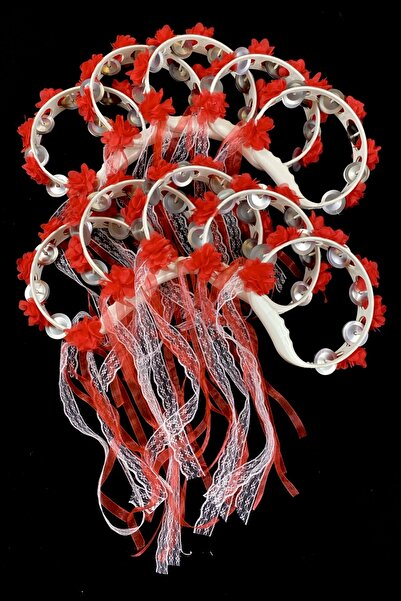 ZEYMERADE Kırmızı Süslü Gelin Nedime Kına Gecesi Tefi, Üç Boyut Lazer Çiçek ve Kurdele Detaylı Tef 10 Adet