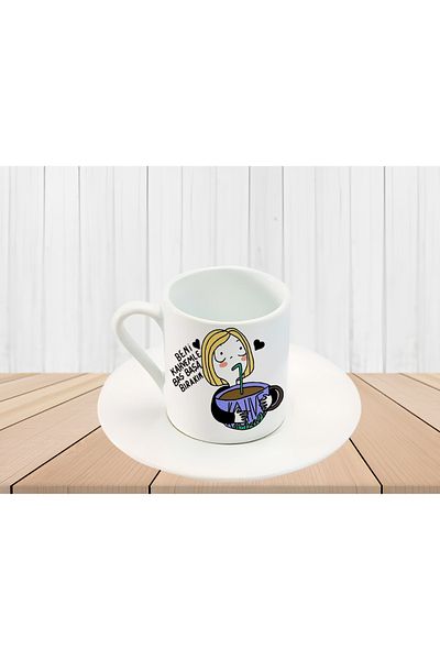 GünayStore WOMAN DRINKING COFFEE WITH WRITTEN LEAVE ME ALONE WITH MY COFFEE PRINTED TURKISH COFFEE CUP