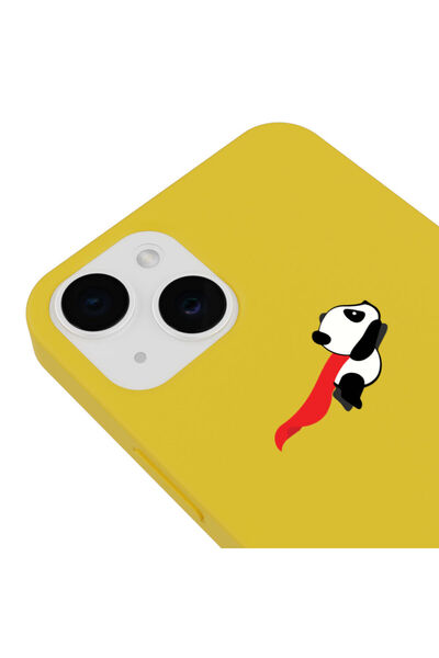 Casen iPhone 13 Silikon Özel Tasarım Uçan Sevimli Küçük Panda Minimal Sarı Renkli Telefon Kılıfı