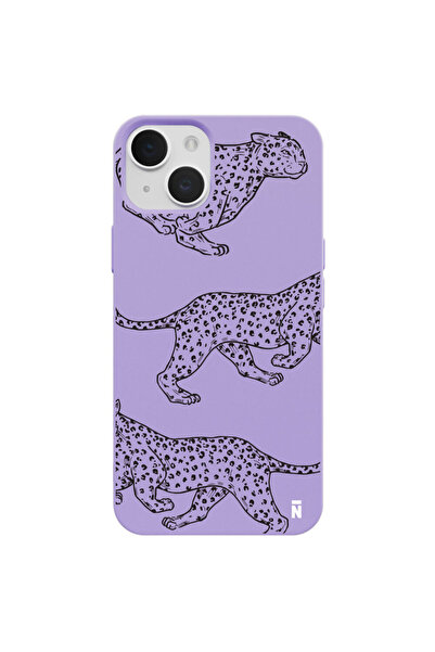 Casen iPhone 13 Silikon Özel Tasarım Çita Hayvanlı Lila Renkli Telefon Kılıfı