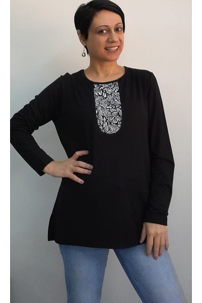 Mertcan Butik Black black and white color block combed cotton viscose T-shirt