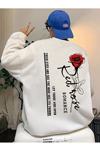 Revasser Unisex ženska/muška majica sa crvenom ružom Oversize kroj okrugla kr...