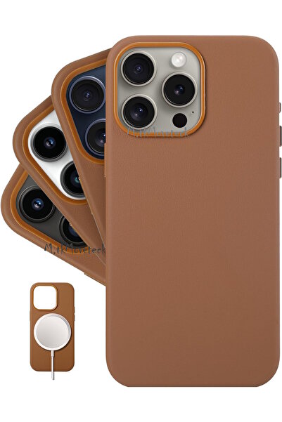m.tk moveteck İphone 15 Pro Kılıf Gercek Deri Mikro Dokuma Premium Leather Case Magsafe içi Kadife Süet Qi