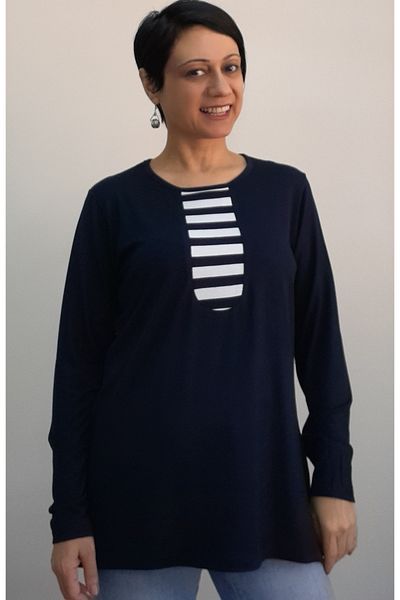 Mertcan Butik Dark blue, dark blue white color block combed cotton Viscose T-shirt