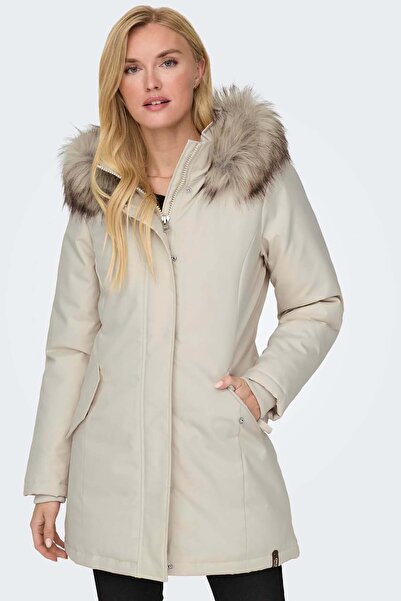 ONLY Жіночий пуховик з хутряним коміром і капюшоном 15300633 Камінь