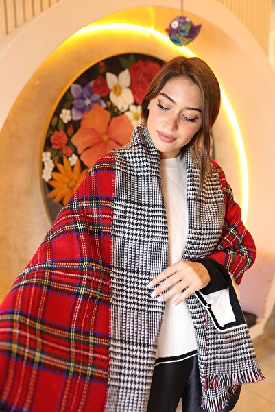 REMSA Double Sided Houndstooth Plaid Patterned Scarf Shoulder Shawl 70X185 cm 1214 Red