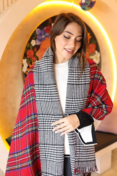 REMSA Double Sided Houndstooth Plaid Patterned Scarf Shoulder Shawl 70X185 cm 1214 Red