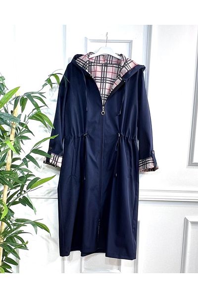 Aşkı Endam October Intermediate Double Sleeve Plaid Patterned Bondit Hooded Trench Navy Blue