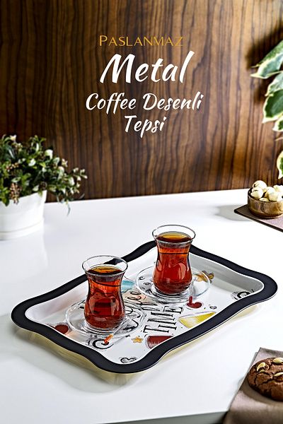 GRİMOR Life Coffee Patterned Metal Presentation Tray - Tea Coffee Tray