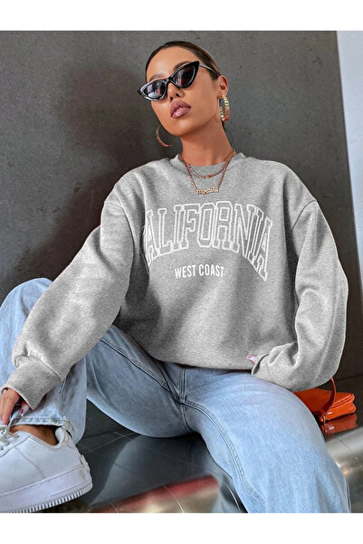 Revasser Unisex Kadın/Erkek Calıfornia Özel Seri Oversize Bisiklet Yaka Pamuklu Sweatshirt