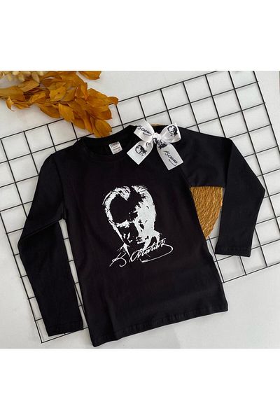 Miyakidsworld Black Long Sleeve Children's Ataturk T-shirt Ataturk Printed Clip Buckle Set 10 NOVEMBER